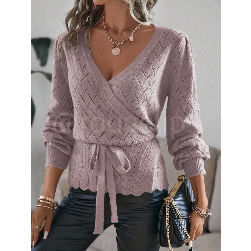 Dusty Lavender Wrap Cardigan Long Lantern Sleeve Ties - Picture 3 of 10